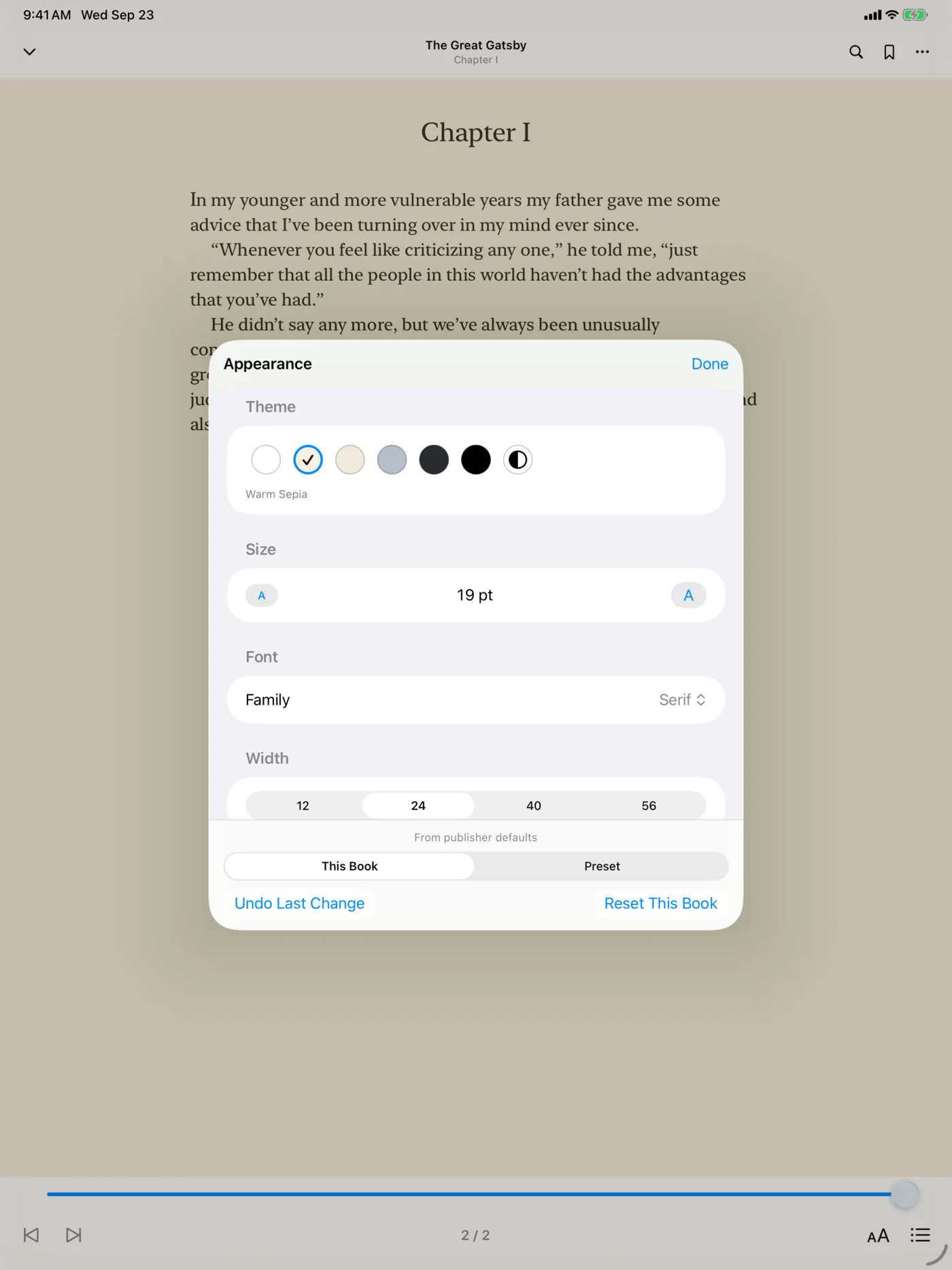 Folio on iPad with the Appearance panel open over The Great Gatsby in Warm Sepia, showing theme, size, font, and width controls