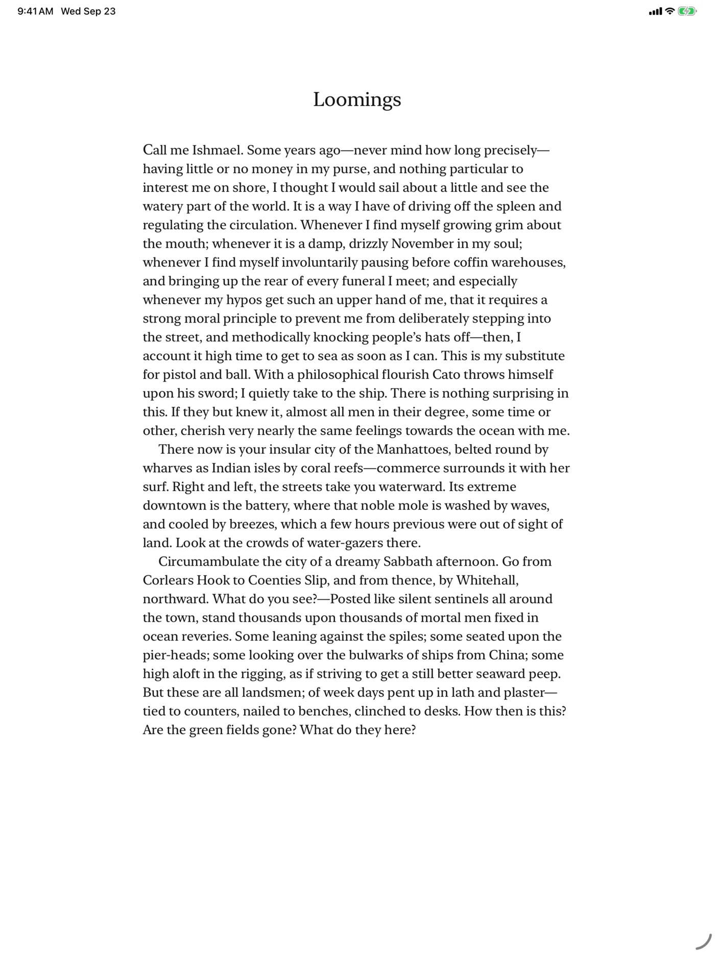 Folio on iPad showing the opening of Moby-Dick, chapter one, Loomings