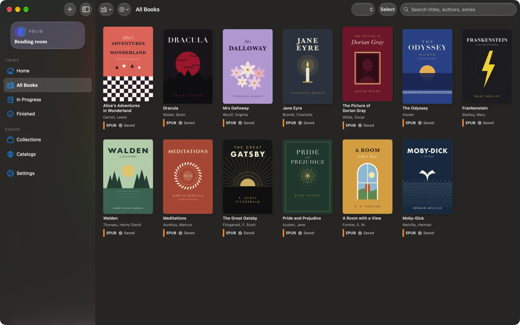Folio on Mac in dark mode: All Books shows thirteen classics in a covers grid beside a sidebar