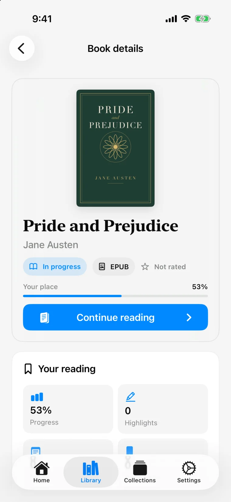 Folio book details for Pride and Prejudice by Jane Austen, in progress at 53 percent with a Continue reading button