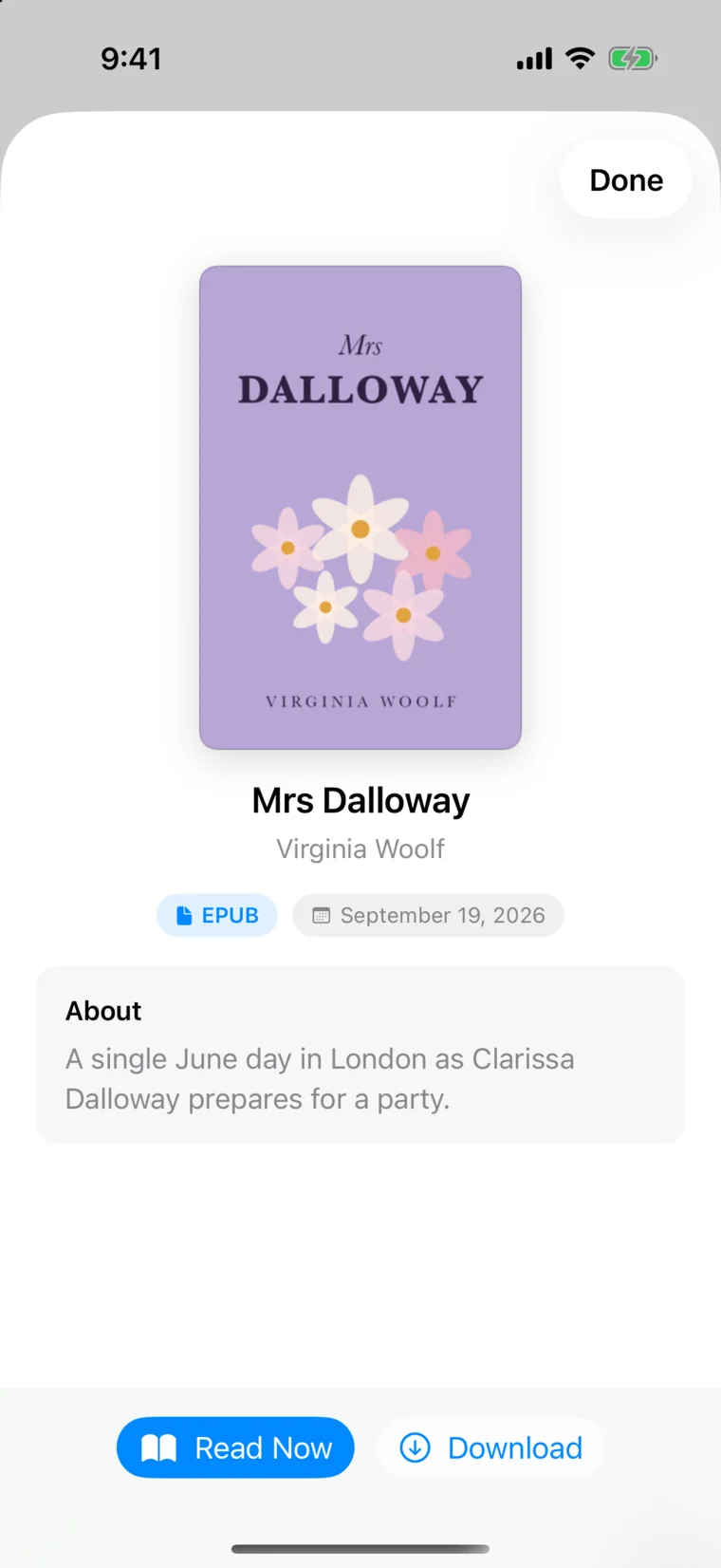 A catalog entry for Mrs Dalloway by Virginia Woolf in Folio, with Read Now and Download buttons