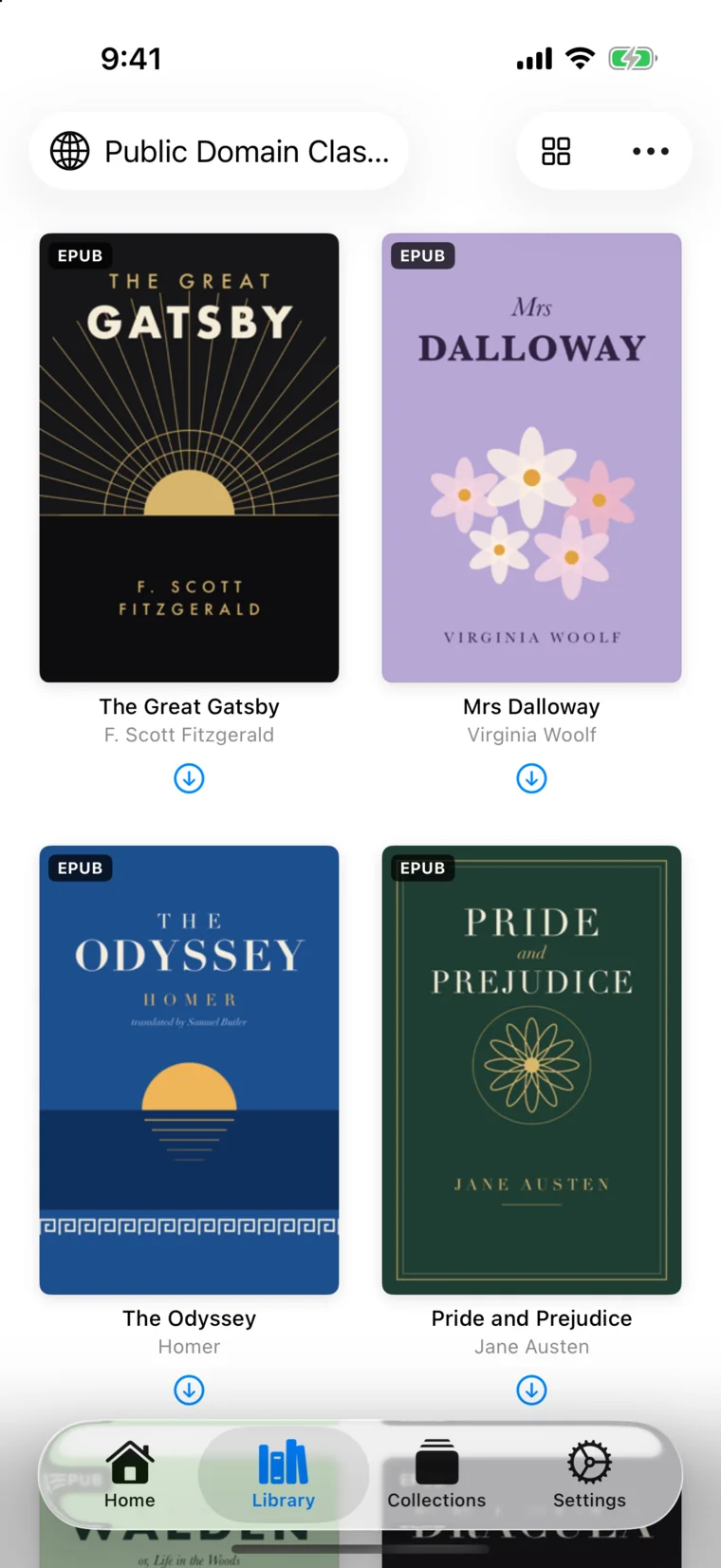 Folio browsing an OPDS catalog called Public Domain Classics in a covers grid, with download buttons under The Great Gatsby, Mrs Dalloway, The Odyssey, and Pride and Prejudice