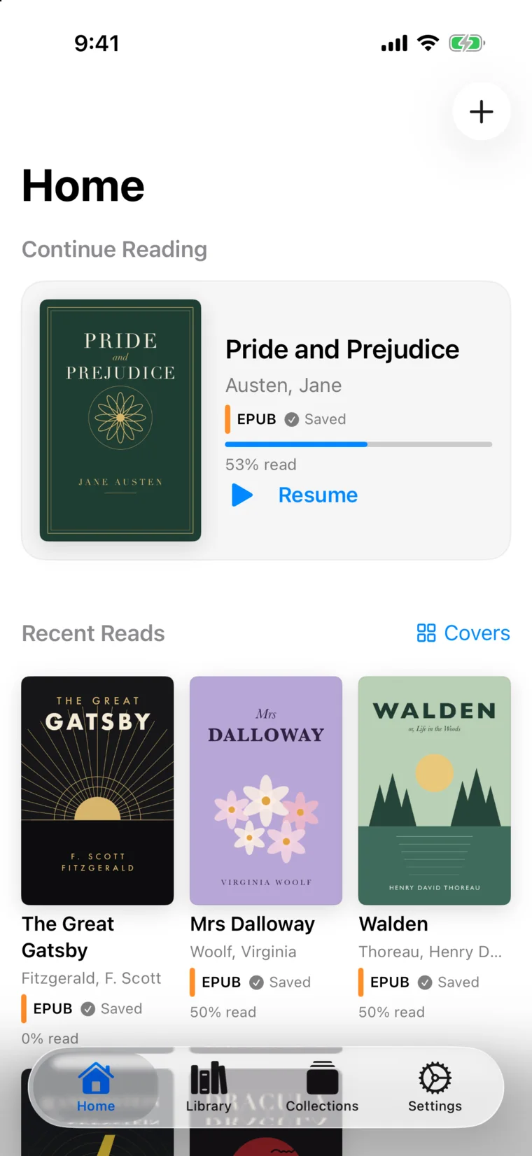 Folio Home on iPhone with Pride and Prejudice 53 percent read and recent books including The Great Gatsby, Mrs Dalloway, and Walden