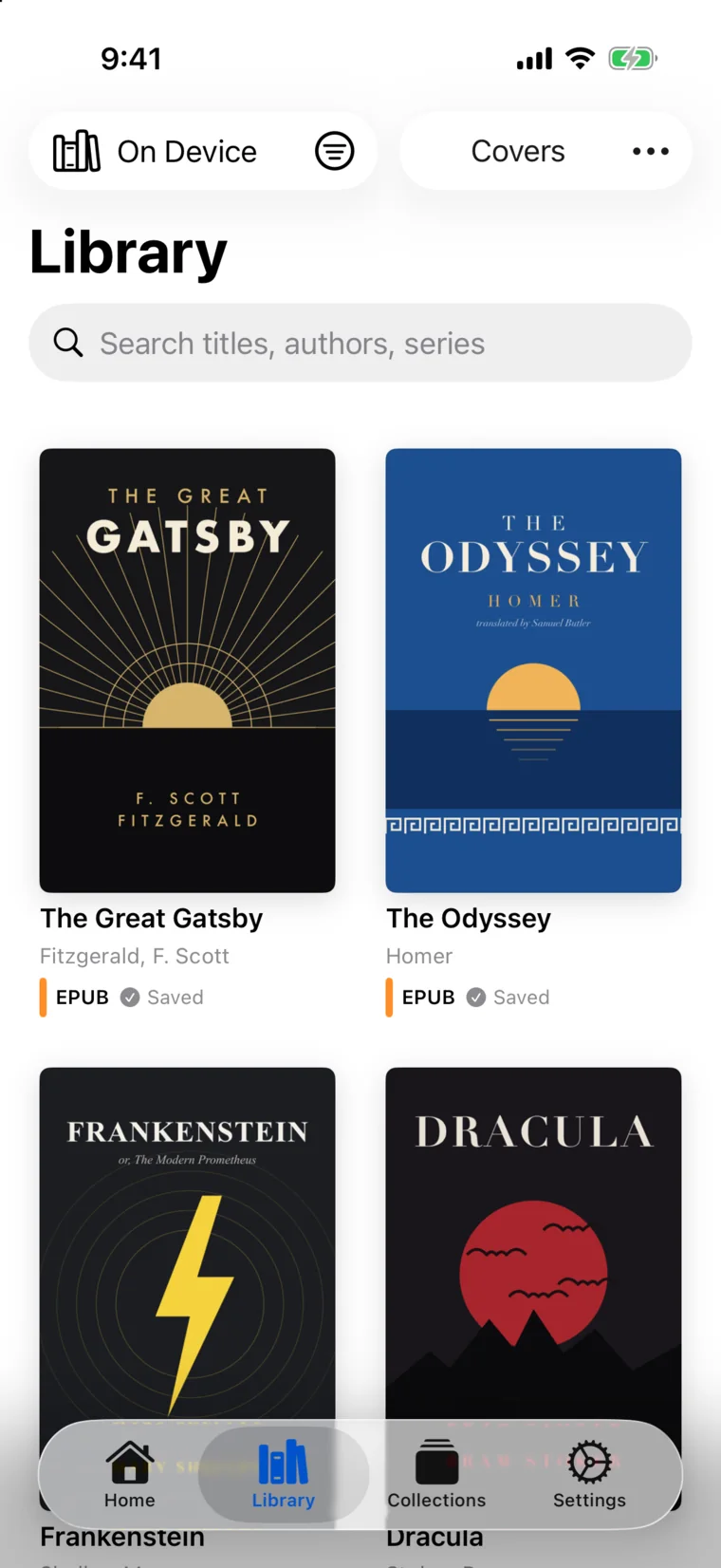 Folio Library on iPhone showing covers for The Great Gatsby, The Odyssey, Frankenstein, and Dracula