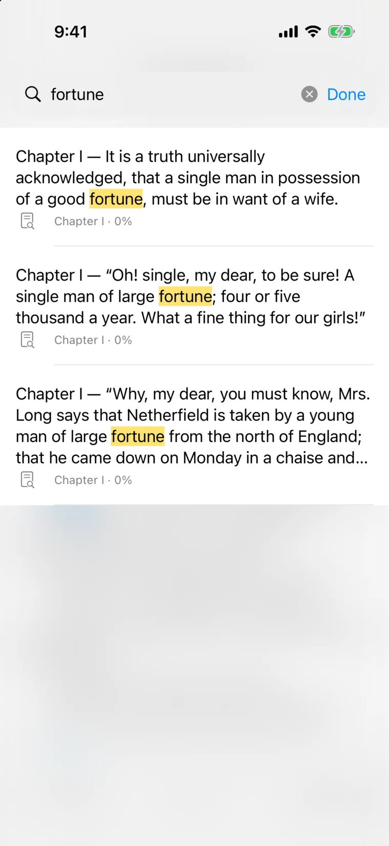 Searching Pride and Prejudice for fortune in Folio, with three highlighted matches from Chapter I