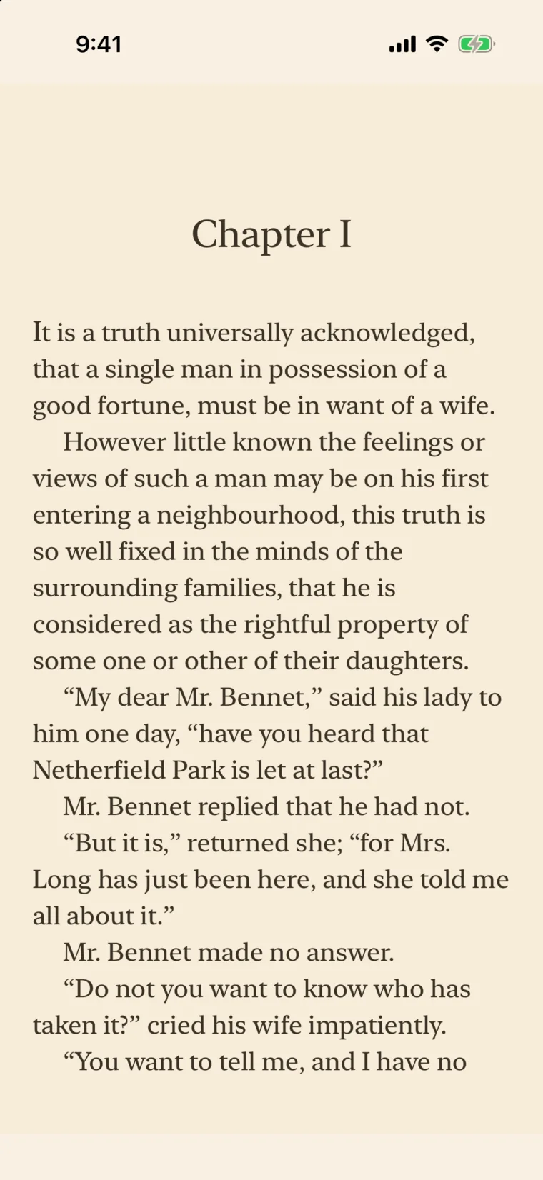Folio on iPhone showing the first page of Pride and Prejudice in the Warm Sepia theme